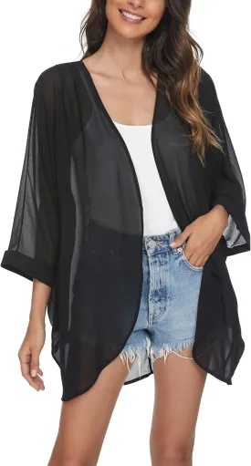 olrain Women's Floral Print Sheer Chiffon 3/4 Bat Sleeve Casual Loose Kimono Cardigan Capes