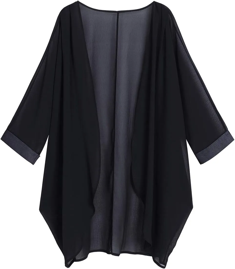 olrain Women's Floral Print Sheer Chiffon 3/4 Bat Sleeve Casual Loose Kimono Cardigan Capes