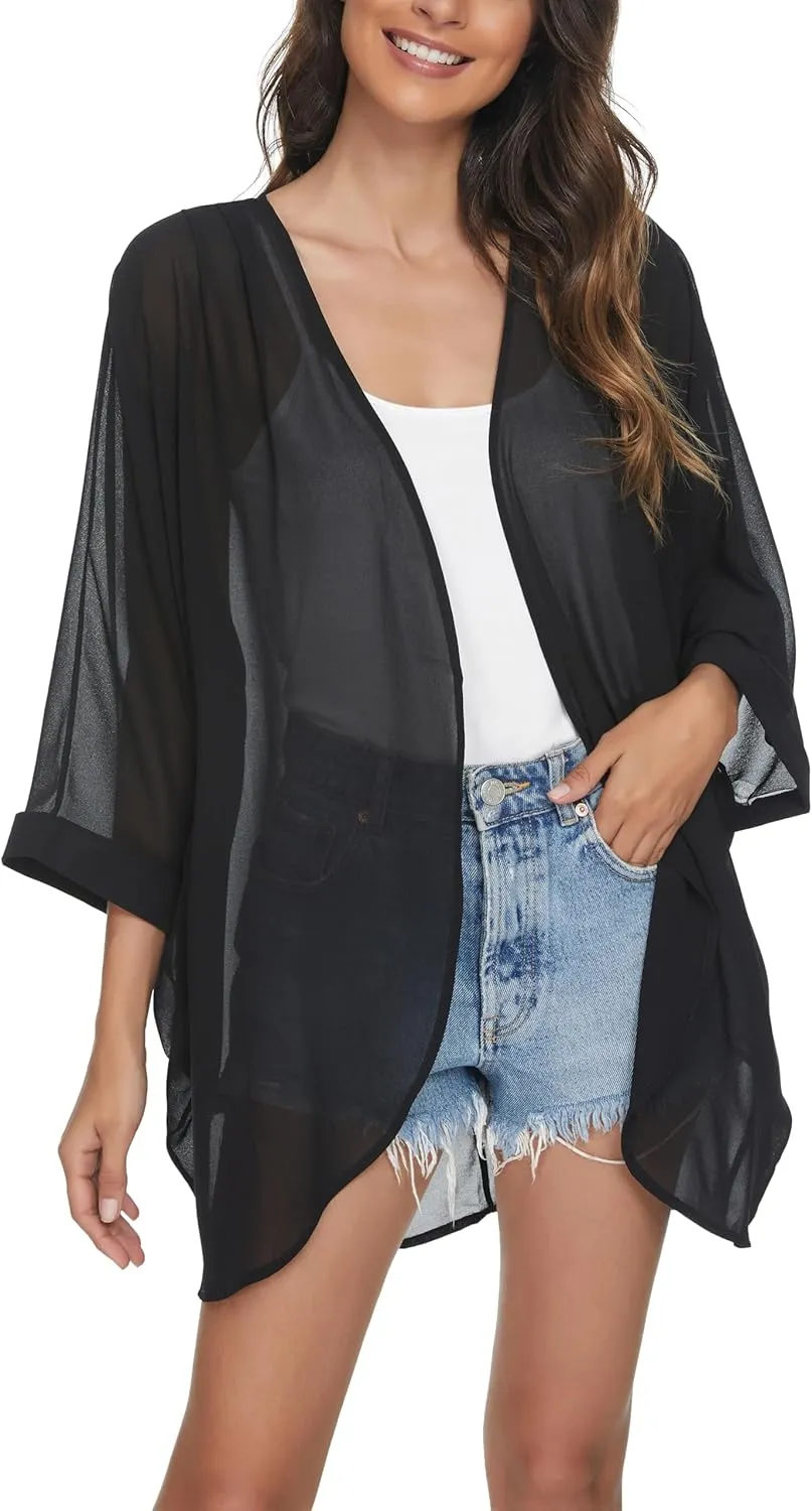 olrain Women's Floral Print Sheer Chiffon 3/4 Bat Sleeve Casual Loose Kimono Cardigan Capes