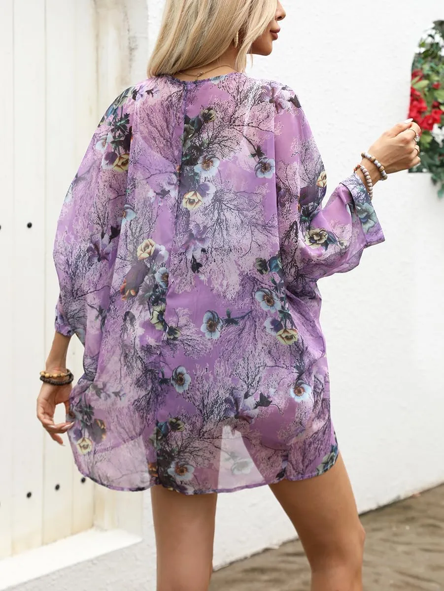 olrain Women's Floral Print Sheer Chiffon 3/4 Bat Sleeve Casual Loose Kimono Cardigan Capes