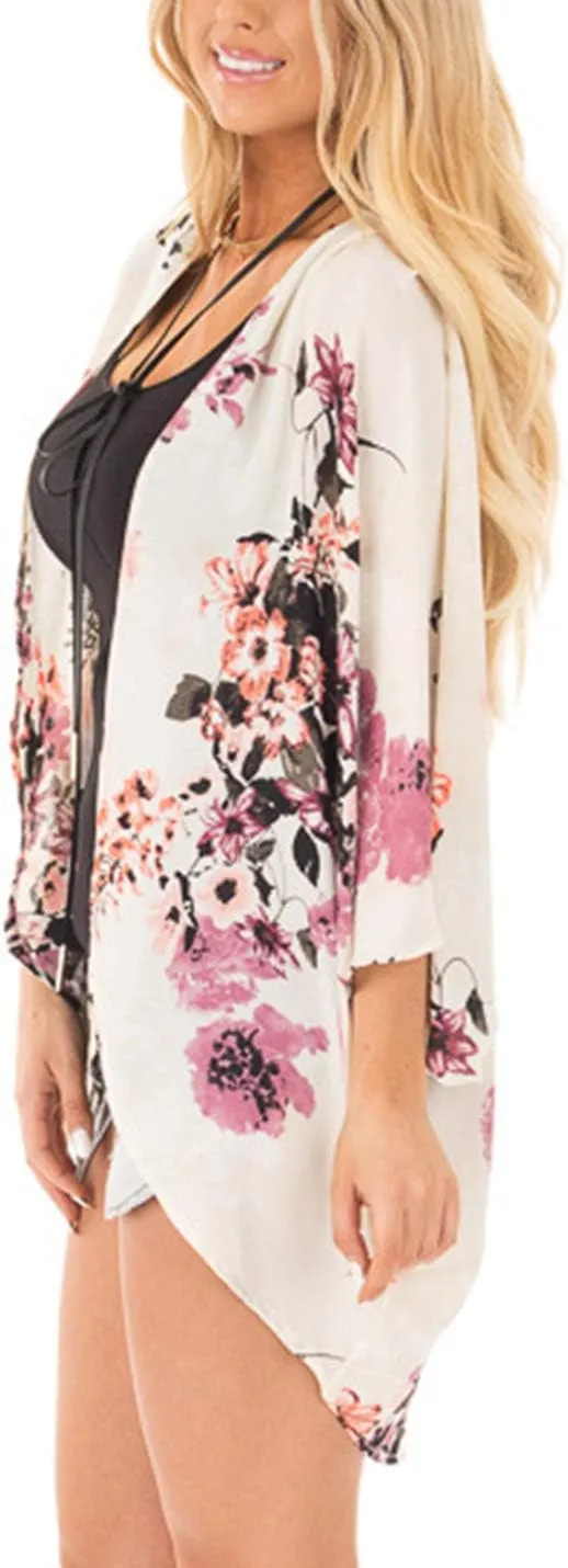 Omoone Women's Short Batwing Sleeve Floral Chiffon Cardigan Kimono Beachwear