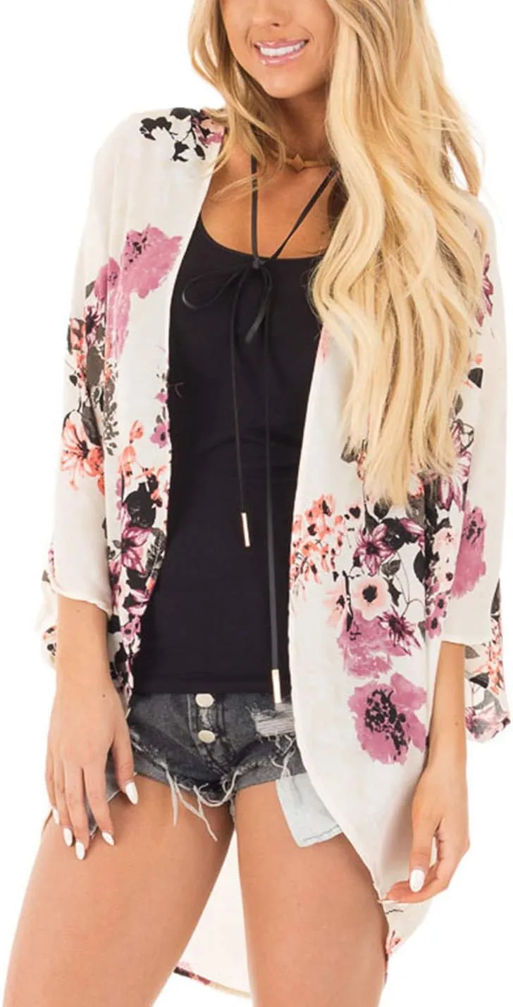 Omoone Women's Short Batwing Sleeve Floral Chiffon Cardigan Kimono Beachwear