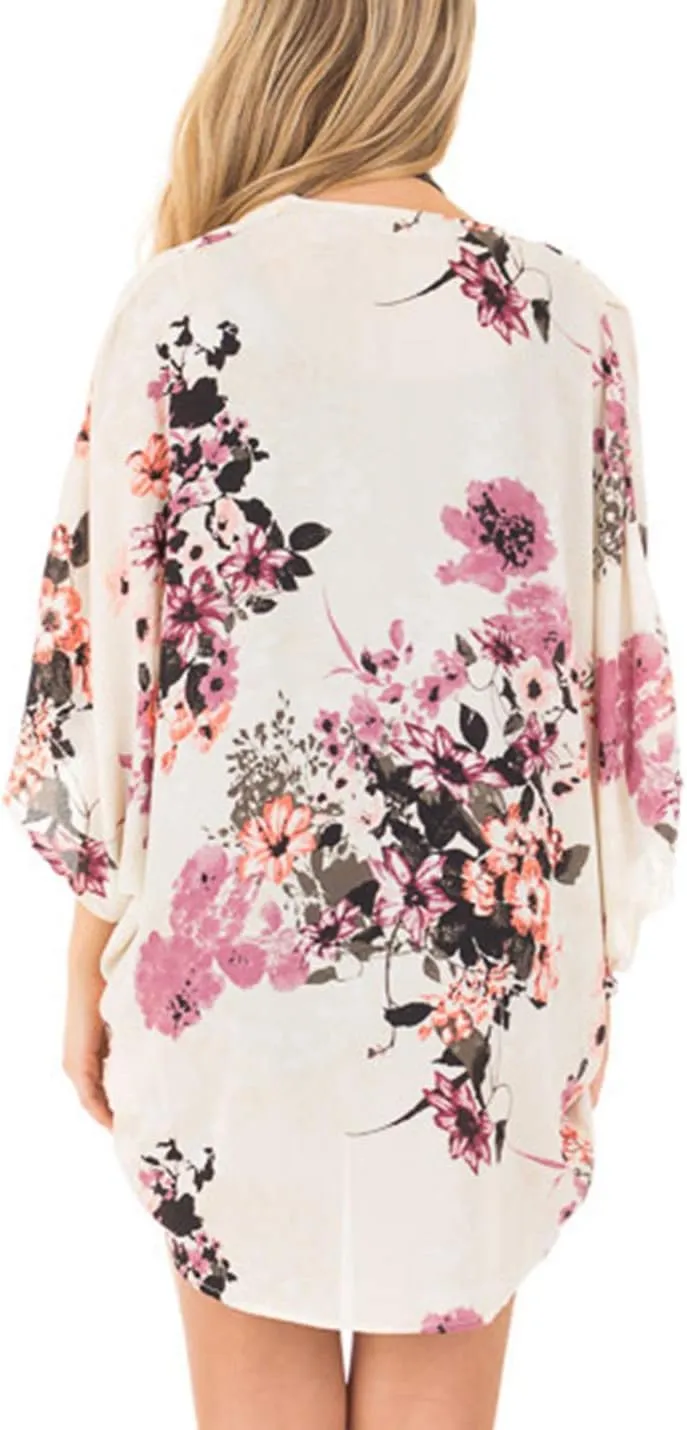 Omoone Women's Short Batwing Sleeve Floral Chiffon Cardigan Kimono Beachwear