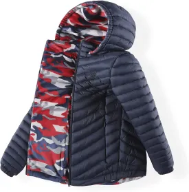 QLZ Boys Down Coat,Puffer Jacket,4-15 Years,Double-sided Wear,Camouflage