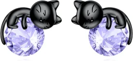 Sterling Silver Birthstone Black Cat Stud Earrings - Cat Birthstone Earrings for Women's Birthday Gift