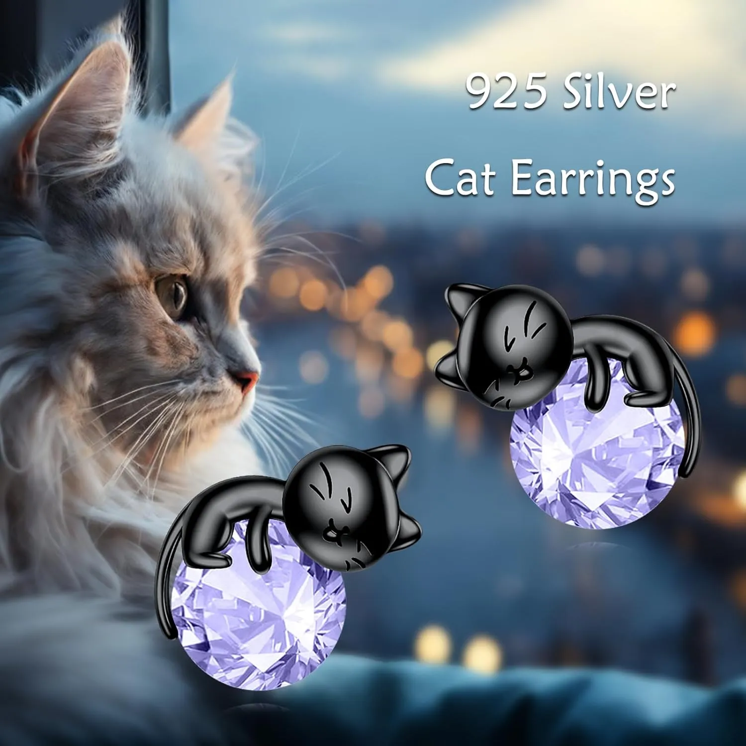 Sterling Silver Birthstone Black Cat Stud Earrings - Cat Birthstone Earrings for Women's Birthday Gift
