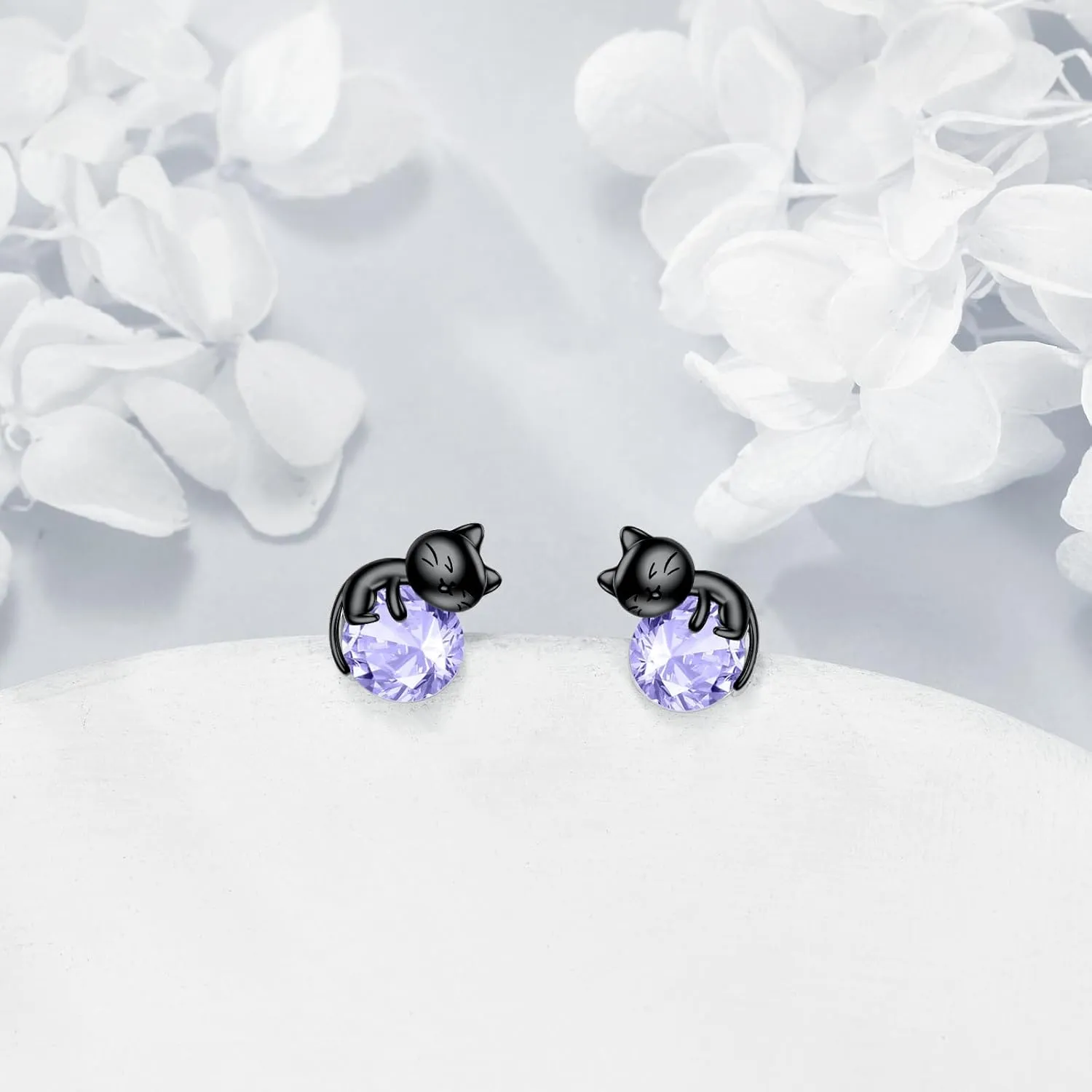 Sterling Silver Birthstone Black Cat Stud Earrings - Cat Birthstone Earrings for Women's Birthday Gift