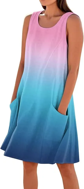 Summer Dresses for Women 2025 Crewneck Sleeveless Cotton Linen Tank Dress Beach Vacation Sundresses with Pockets