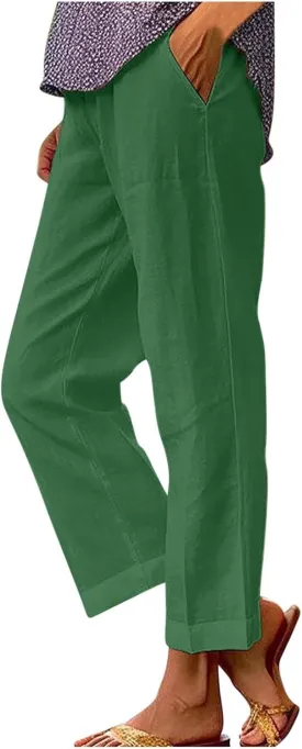 TANGNADE Women's Summer Pants Casual Cotton Linen Wide Leg Cropped Palazzo Pant Loose Elastic Waist Beach Outfits Trendy