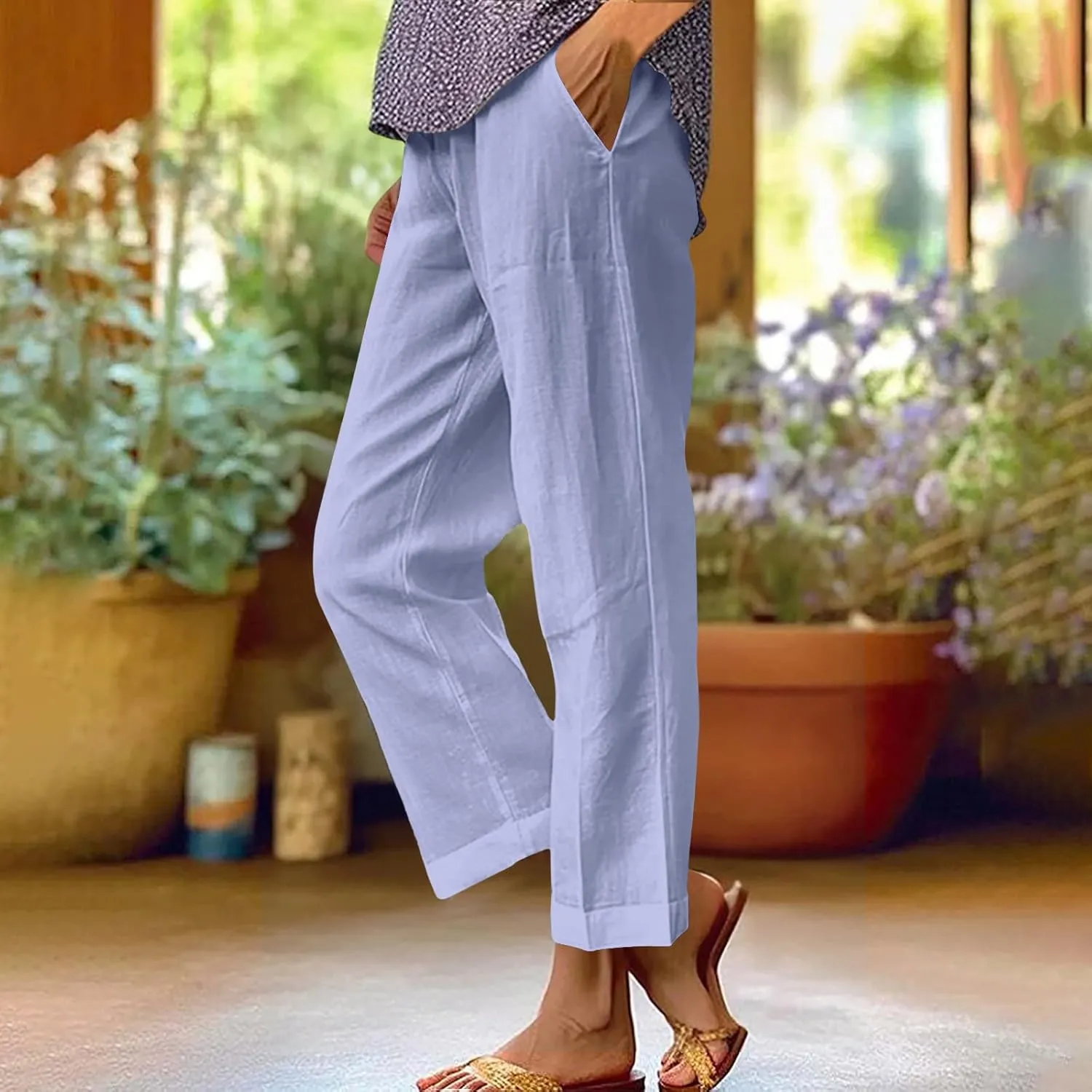 TANGNADE Women's Summer Pants Casual Cotton Linen Wide Leg Cropped Palazzo Pant Loose Elastic Waist Beach Outfits Trendy