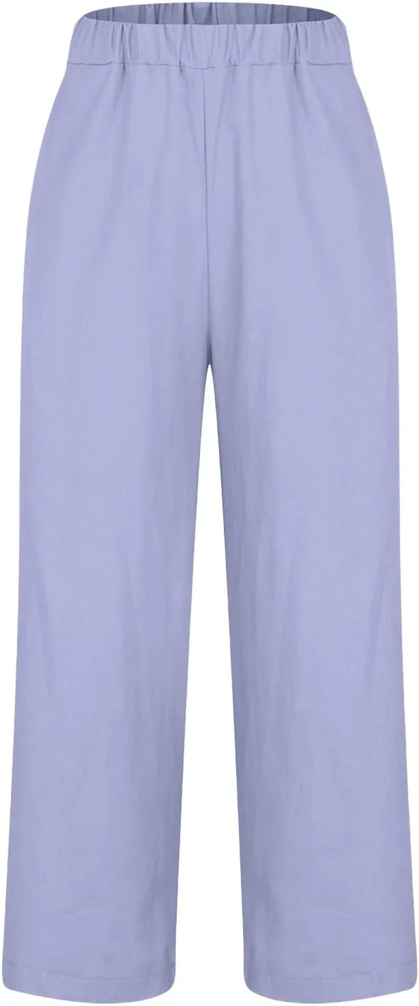 TANGNADE Women's Summer Pants Casual Cotton Linen Wide Leg Cropped Palazzo Pant Loose Elastic Waist Beach Outfits Trendy
