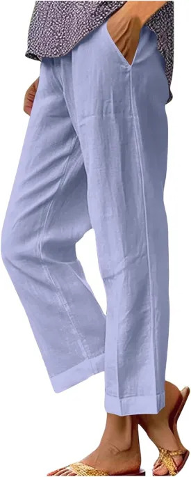TANGNADE Women's Summer Pants Casual Cotton Linen Wide Leg Cropped Palazzo Pant Loose Elastic Waist Beach Outfits Trendy