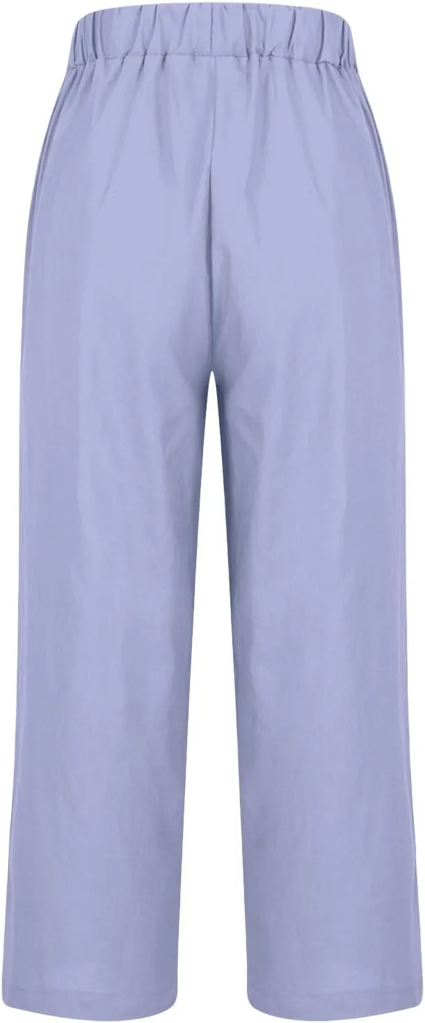 TANGNADE Women's Summer Pants Casual Cotton Linen Wide Leg Cropped Palazzo Pant Loose Elastic Waist Beach Outfits Trendy