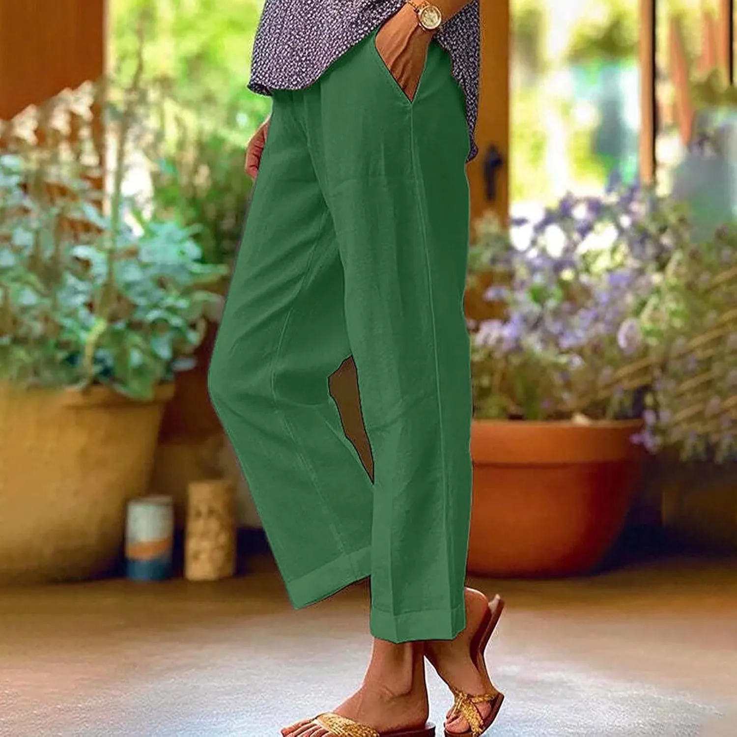 TANGNADE Women's Summer Pants Casual Cotton Linen Wide Leg Cropped Palazzo Pant Loose Elastic Waist Beach Outfits Trendy