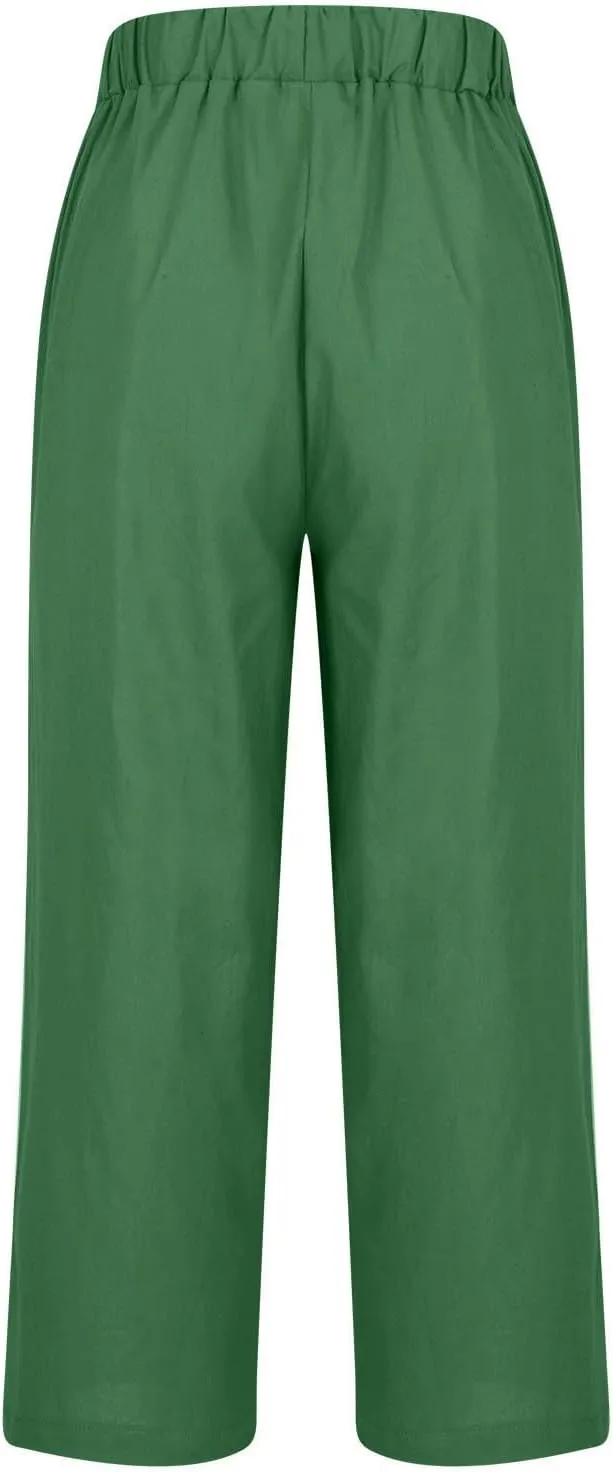 TANGNADE Women's Summer Pants Casual Cotton Linen Wide Leg Cropped Palazzo Pant Loose Elastic Waist Beach Outfits Trendy