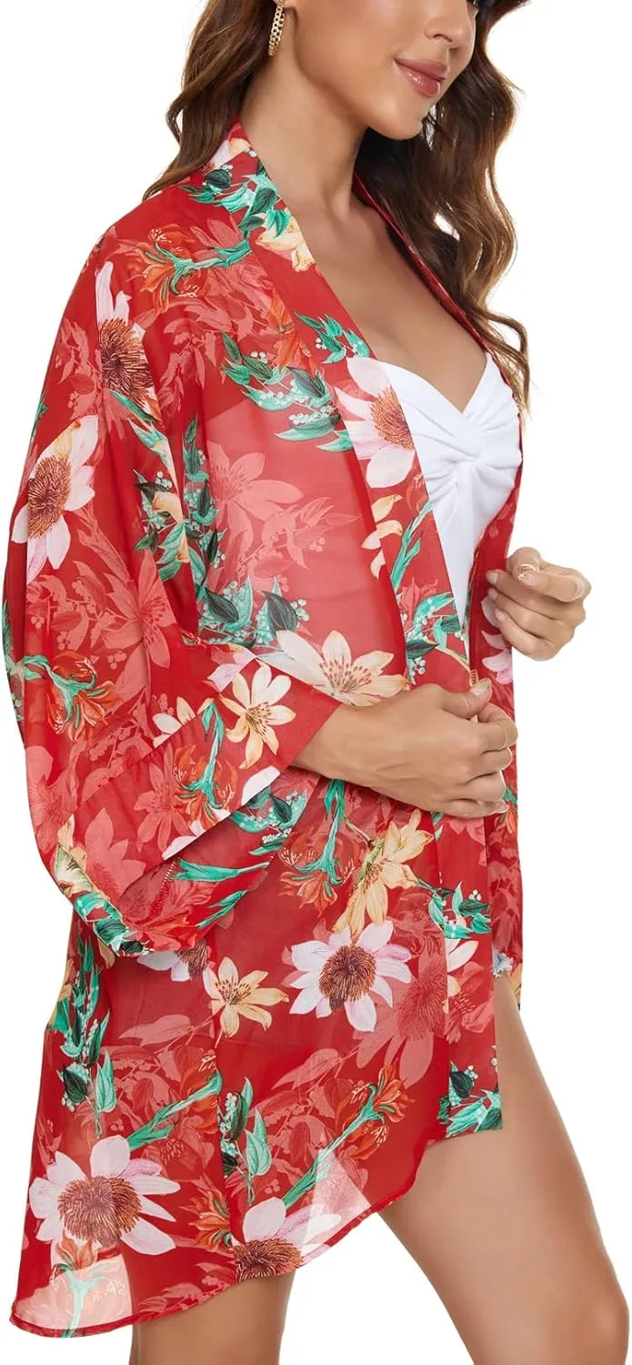 Tribear Women Chiffon Kimono Cardigan Floral Printed Bat Sleeve Casual Capes Beach Cover up