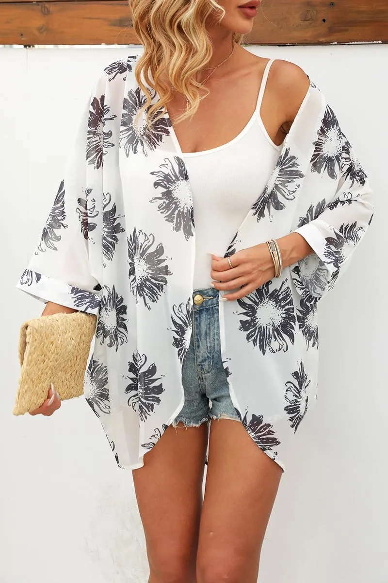 Tribear Women Chiffon Kimono Cardigan Floral Printed Bat Sleeve Casual Capes Beach Cover up