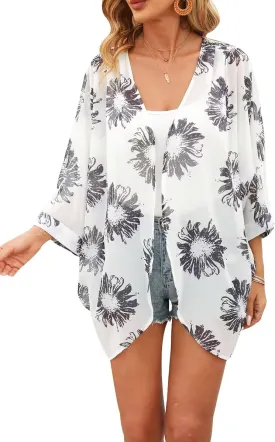 Tribear Women Chiffon Kimono Cardigan Floral Printed Bat Sleeve Casual Capes Beach Cover up