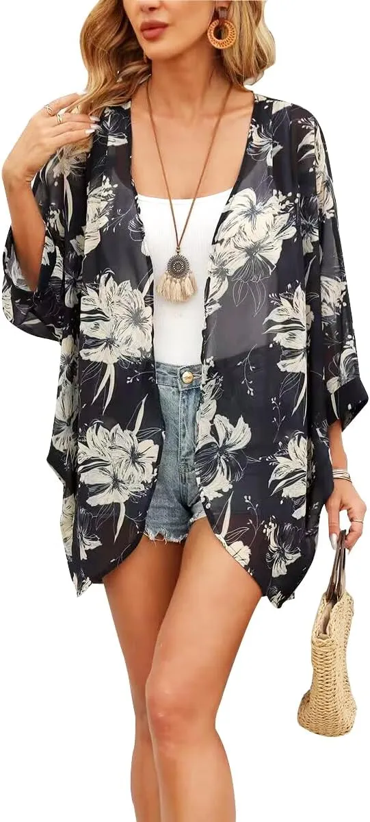 Tribear Women Chiffon Kimono Cardigan Floral Printed Bat Sleeve Casual Capes Beach Cover up