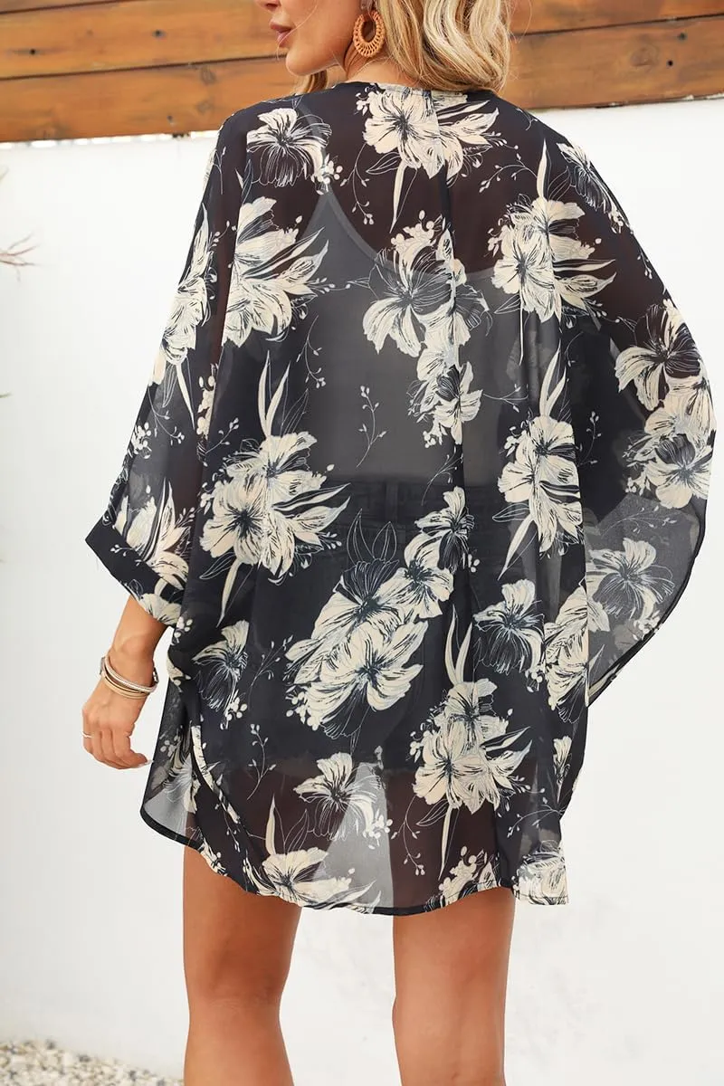 Tribear Women Chiffon Kimono Cardigan Floral Printed Bat Sleeve Casual Capes Beach Cover up