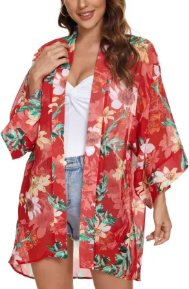 Tribear Women Chiffon Kimono Cardigan Floral Printed Bat Sleeve Casual Capes Beach Cover up