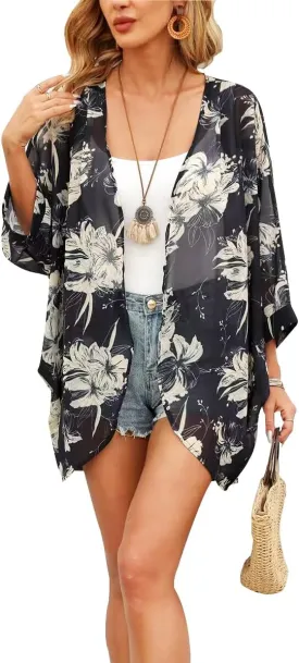 Tribear Women Chiffon Kimono Cardigan Floral Printed Bat Sleeve Casual Capes Beach Cover up