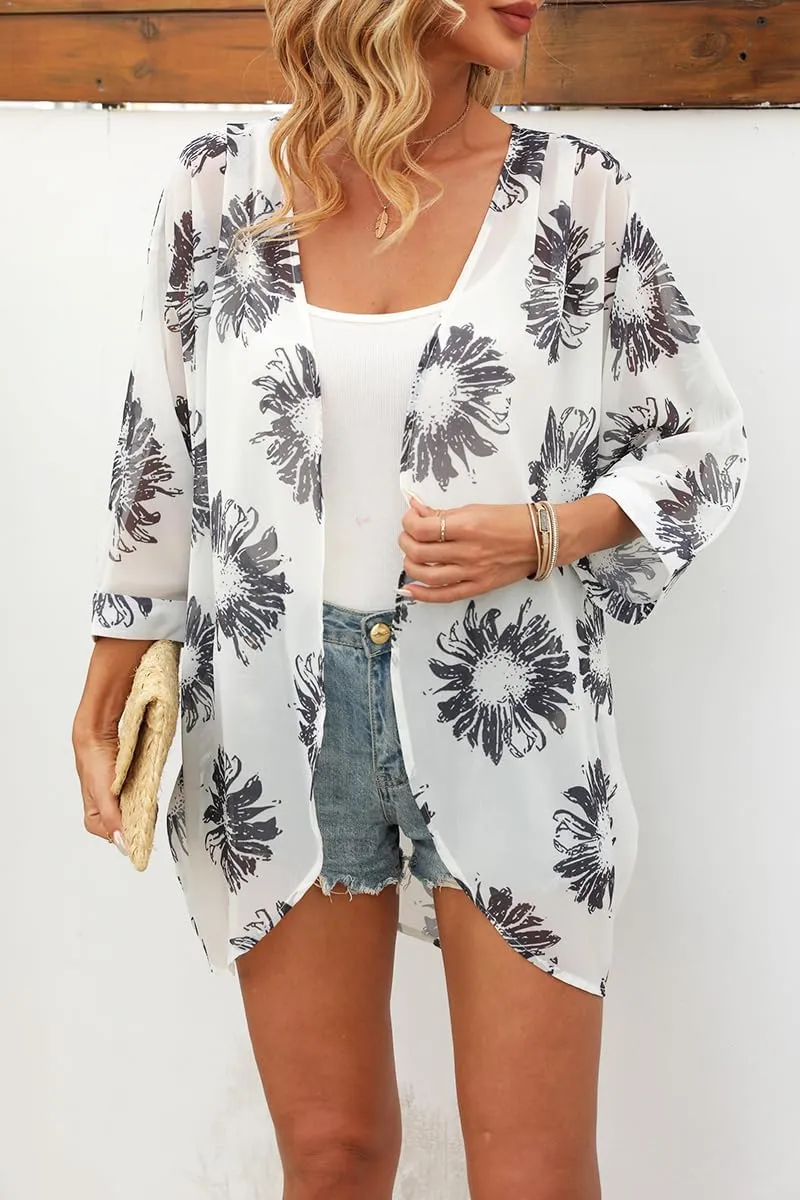 Tribear Women Chiffon Kimono Cardigan Floral Printed Bat Sleeve Casual Capes Beach Cover up