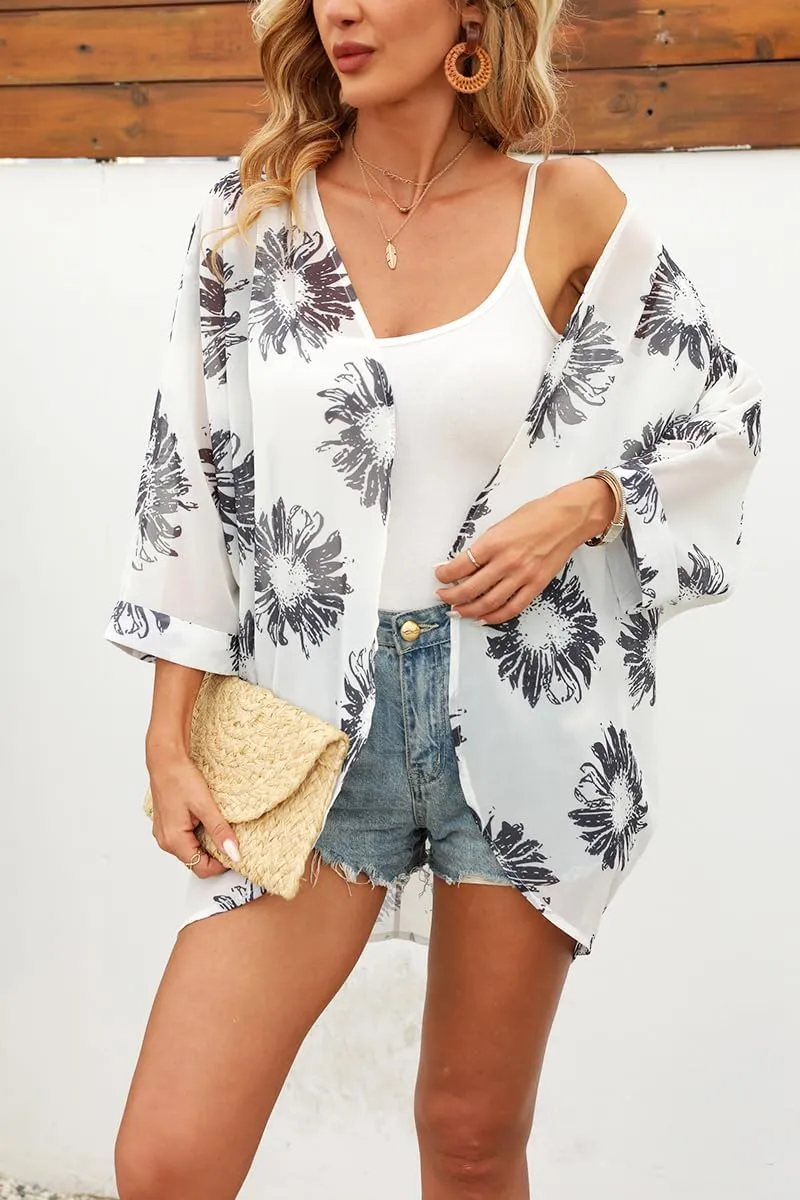 Tribear Women Chiffon Kimono Cardigan Floral Printed Bat Sleeve Casual Capes Beach Cover up