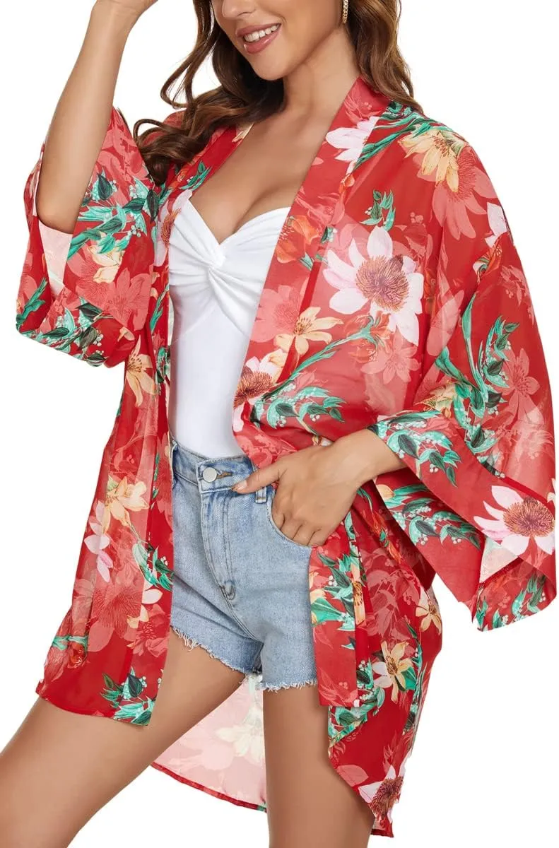 Tribear Women Chiffon Kimono Cardigan Floral Printed Bat Sleeve Casual Capes Beach Cover up