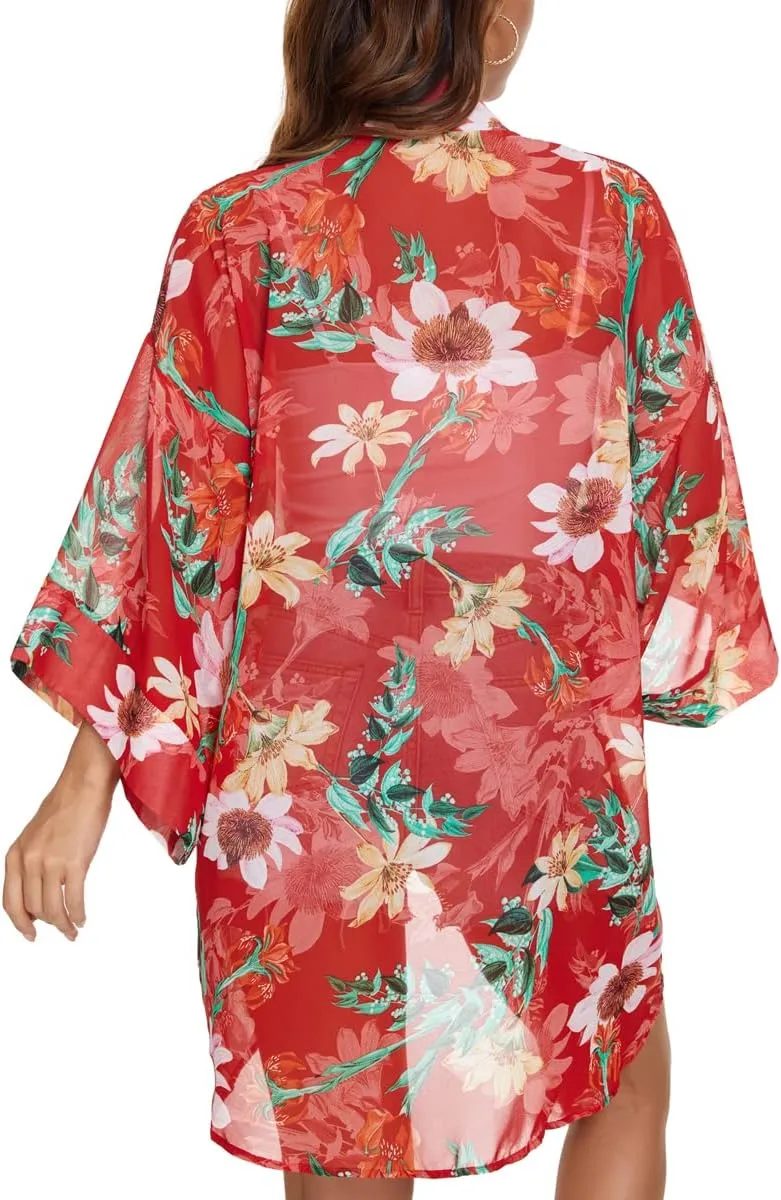 Tribear Women Chiffon Kimono Cardigan Floral Printed Bat Sleeve Casual Capes Beach Cover up