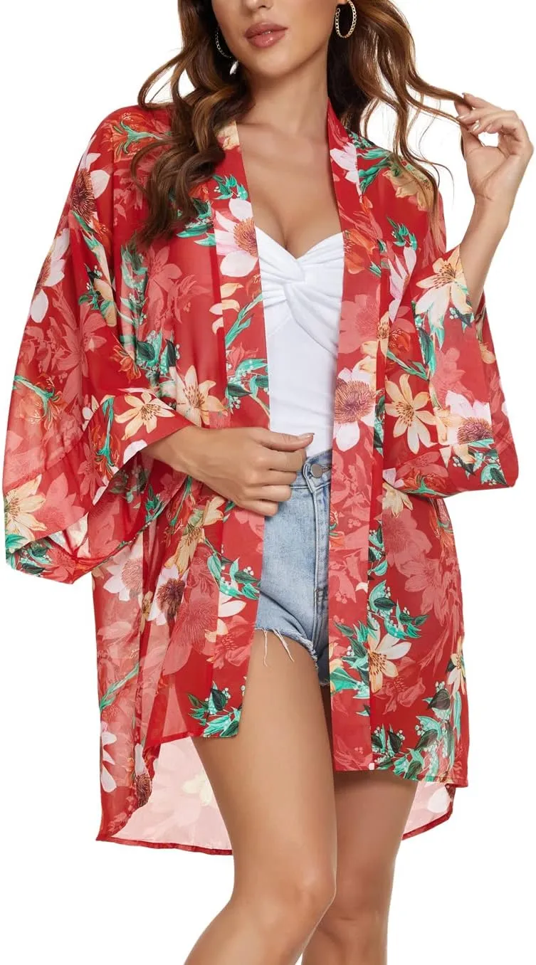 Tribear Women Chiffon Kimono Cardigan Floral Printed Bat Sleeve Casual Capes Beach Cover up
