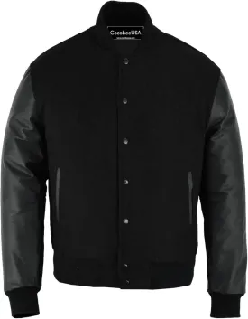 Varsity Jacket Genuine Leather Sleeve With Premium Wool Letterman Baseball Basketball Collage Bomber Jacket Black