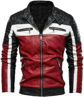 Winter Men Motorcycle Biker Leather Jacket Fleeces Lined Slim Fit Stand Collar