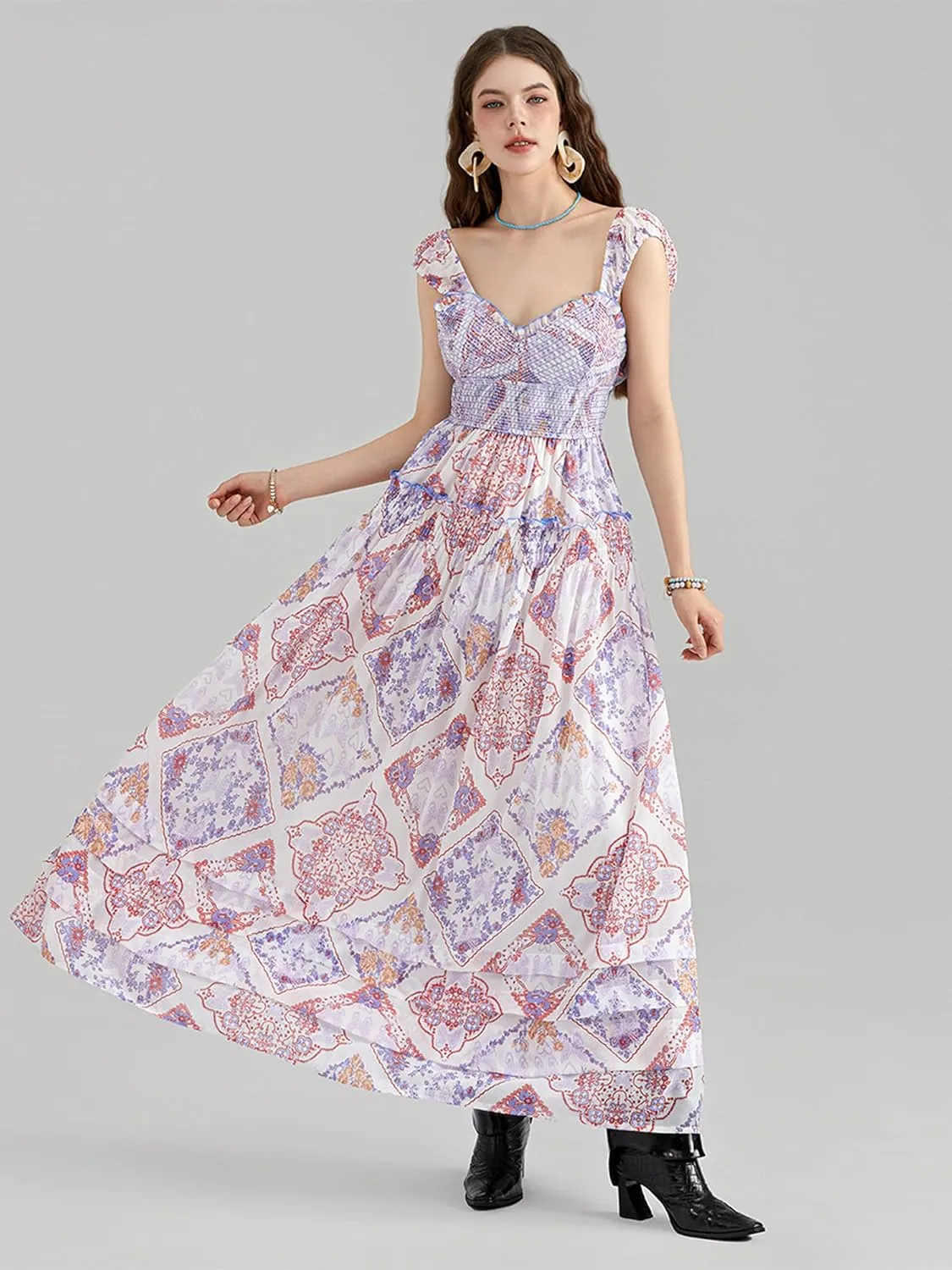 Women Summer Dresses Flowy Smocked Maxi Dress Sleeveless Sweetheart Y2K Floral Boho Summer Sundresses