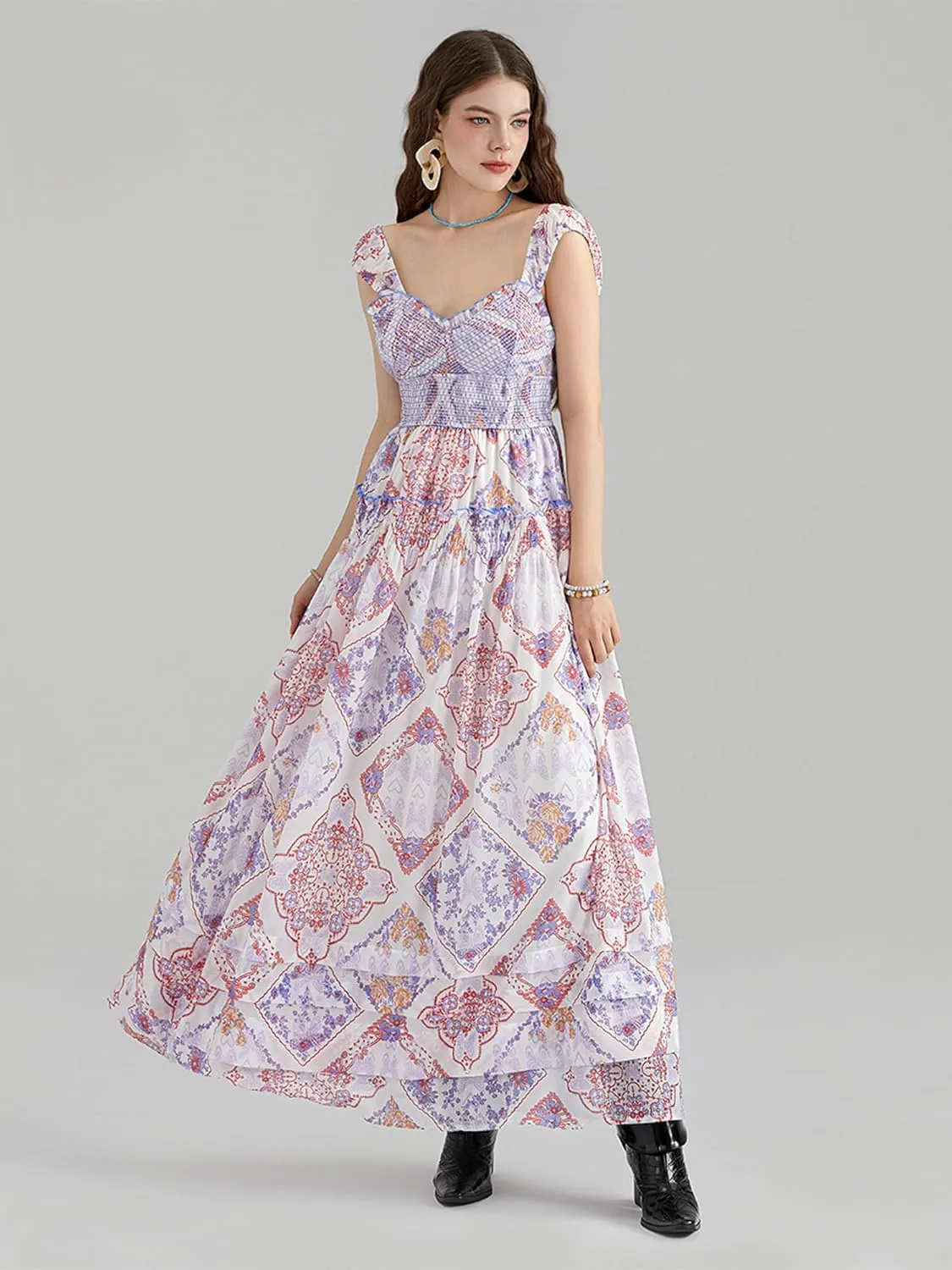 Women Summer Dresses Flowy Smocked Maxi Dress Sleeveless Sweetheart Y2K Floral Boho Summer Sundresses