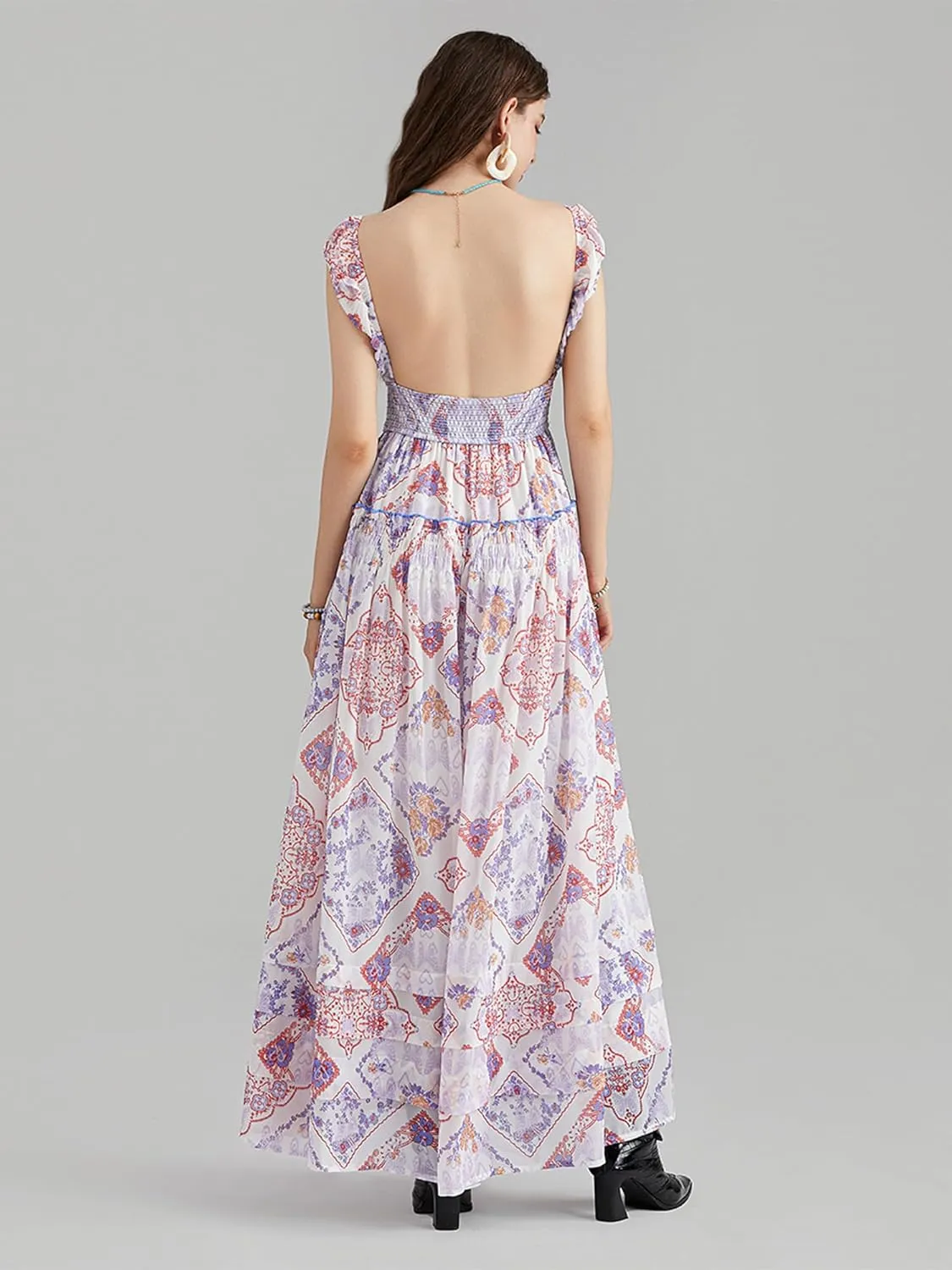 Women Summer Dresses Flowy Smocked Maxi Dress Sleeveless Sweetheart Y2K Floral Boho Summer Sundresses