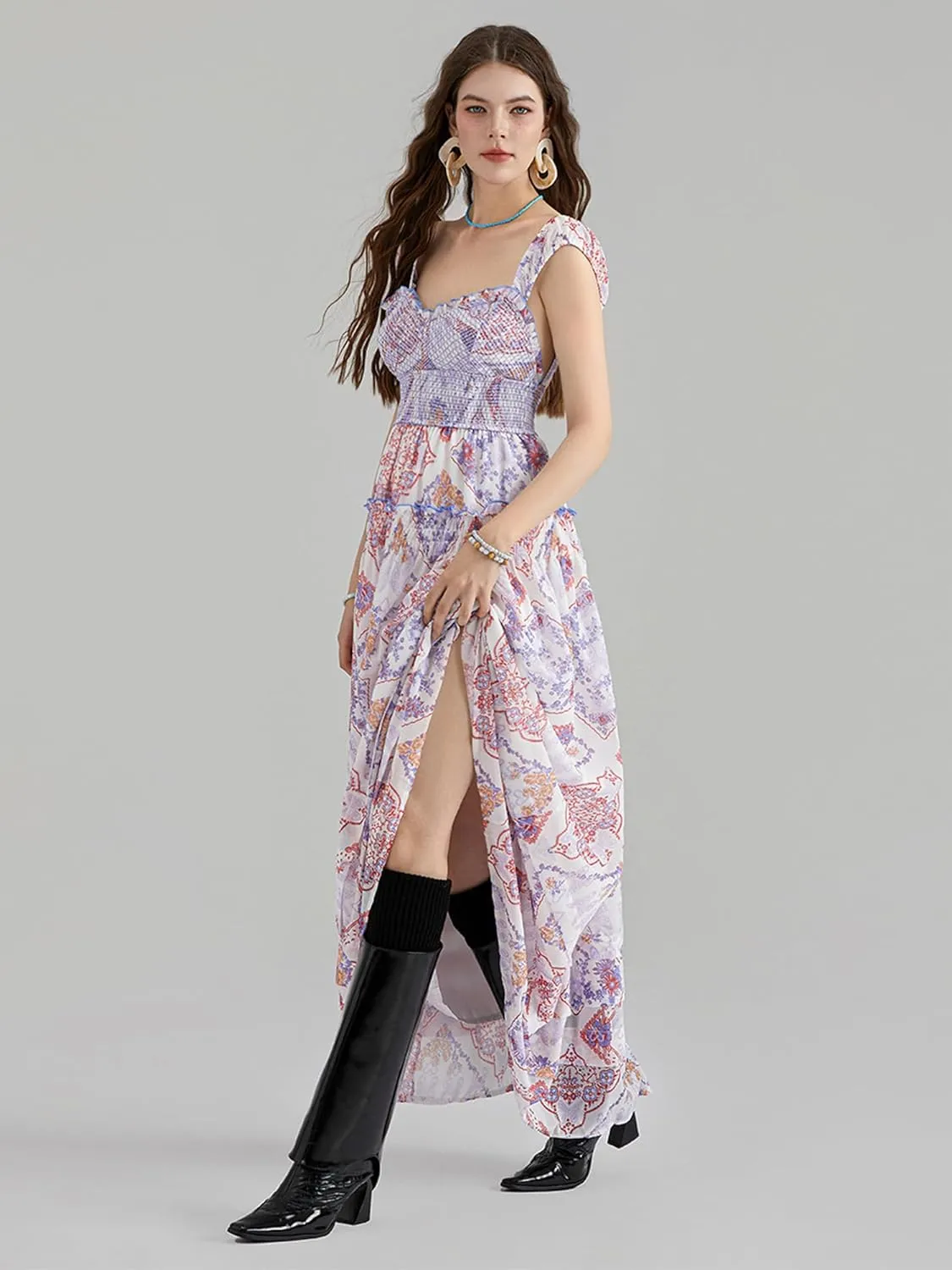 Women Summer Dresses Flowy Smocked Maxi Dress Sleeveless Sweetheart Y2K Floral Boho Summer Sundresses