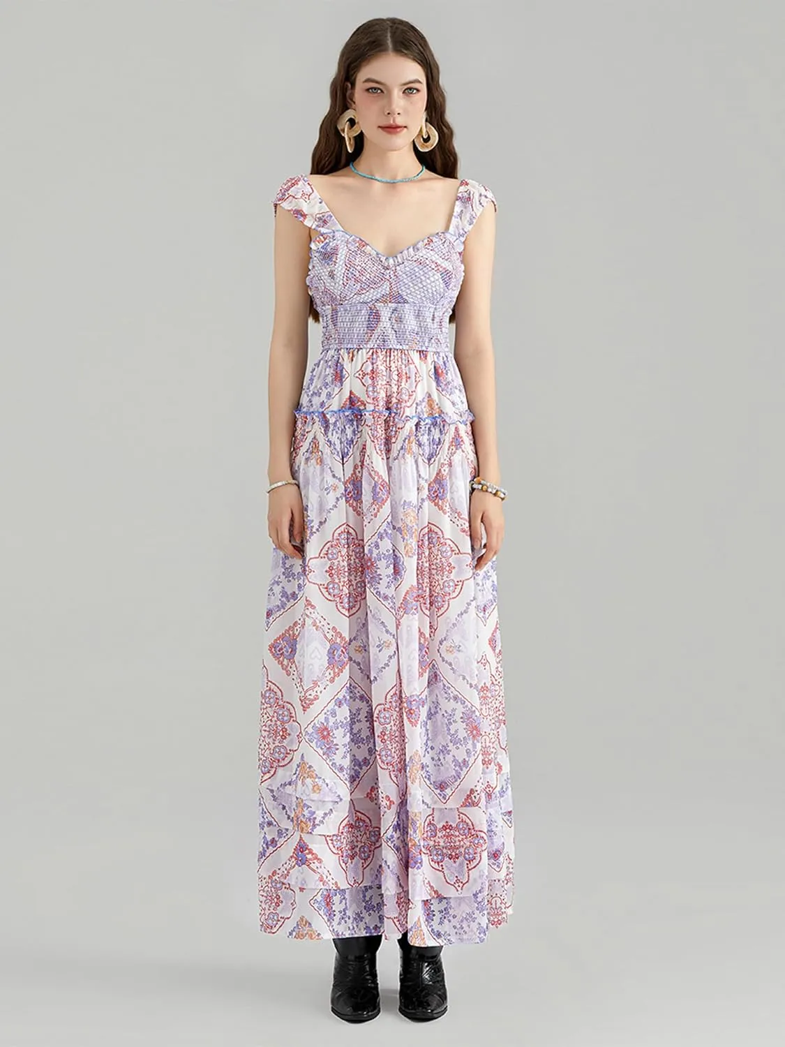 Women Summer Dresses Flowy Smocked Maxi Dress Sleeveless Sweetheart Y2K Floral Boho Summer Sundresses