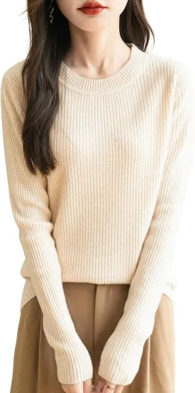 Women's 100% Merino Wool Sweater 2025 Fall Winter Crew Neck Long Sleeve Warm Soft Ribbed Knit Pullover Sweater