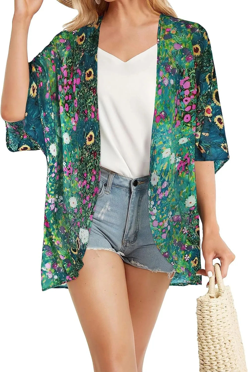 Women's Floral Cardigan Coverups Bohemian Kimono Loose Cover Up Tops Beach Swimsuit Puff Sleeve Blouse Female Chiffon Summer