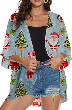 Women's Holidays Floral Print Puff Sheer Chiffon Kimono Cardigan Capes Loose Coverup Shawl Wraps Casual Blouse Tops