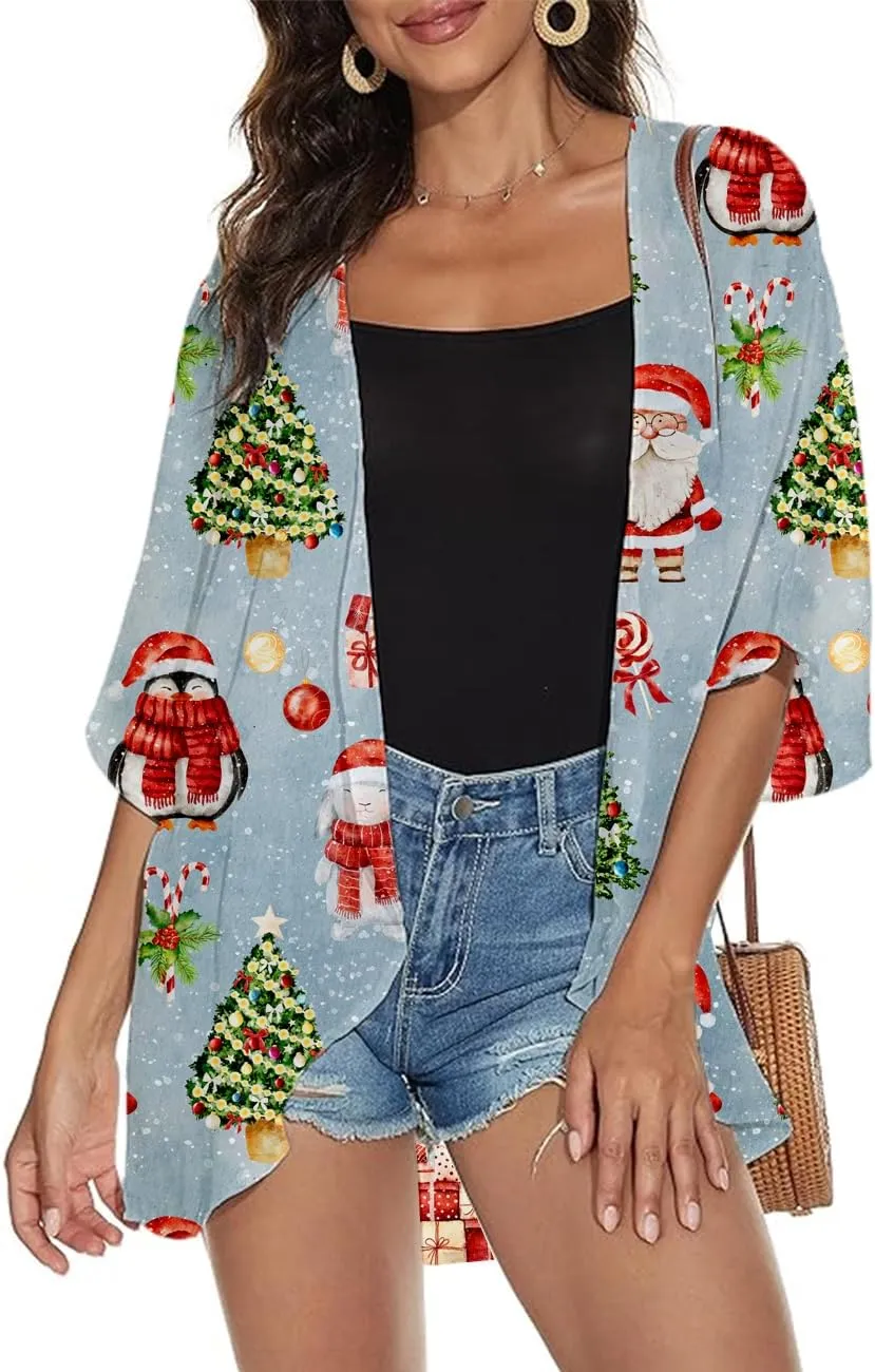 Women's Holidays Floral Print Puff Sheer Chiffon Kimono Cardigan Capes Loose Coverup Shawl Wraps Casual Blouse Tops