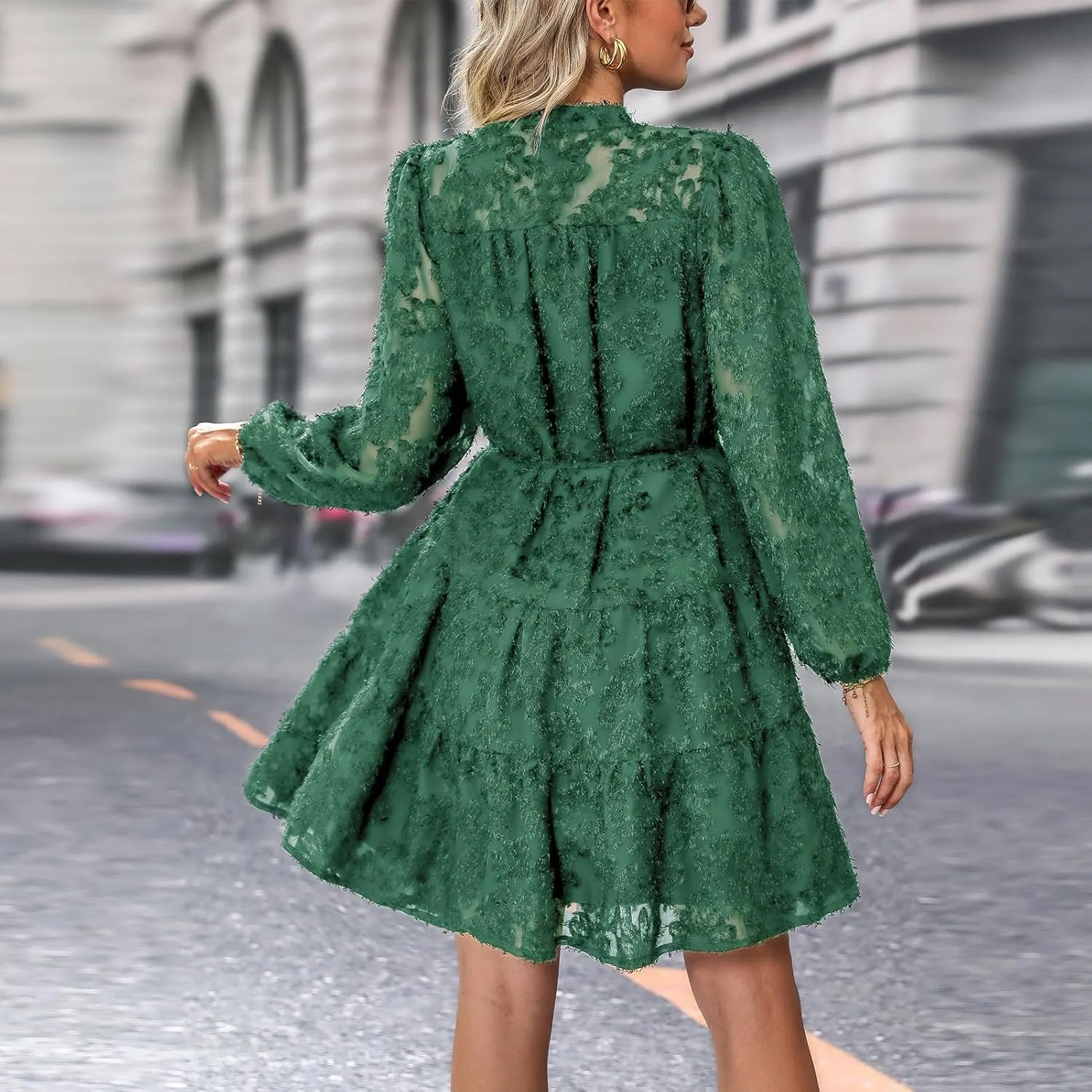 Womens Long Sleeve Fall Dresses 2024 Button Up Empire Waist with Belt A-Line Mini Dress Casual Fall Winter Dress