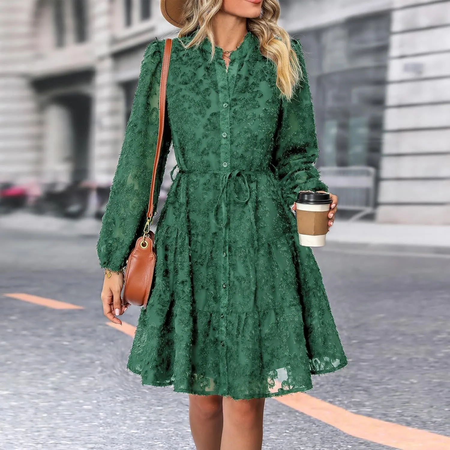 Womens Long Sleeve Fall Dresses 2024 Button Up Empire Waist with Belt A-Line Mini Dress Casual Fall Winter Dress