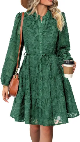 Womens Long Sleeve Fall Dresses 2024 Button Up Empire Waist with Belt A-Line Mini Dress Casual Fall Winter Dress